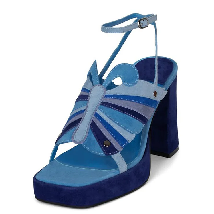 Blue Square Toe Platform Sandal Women's Ankle Strap Chunky Heel Vintage Vegan Suede Shoes |FSJ Shoes