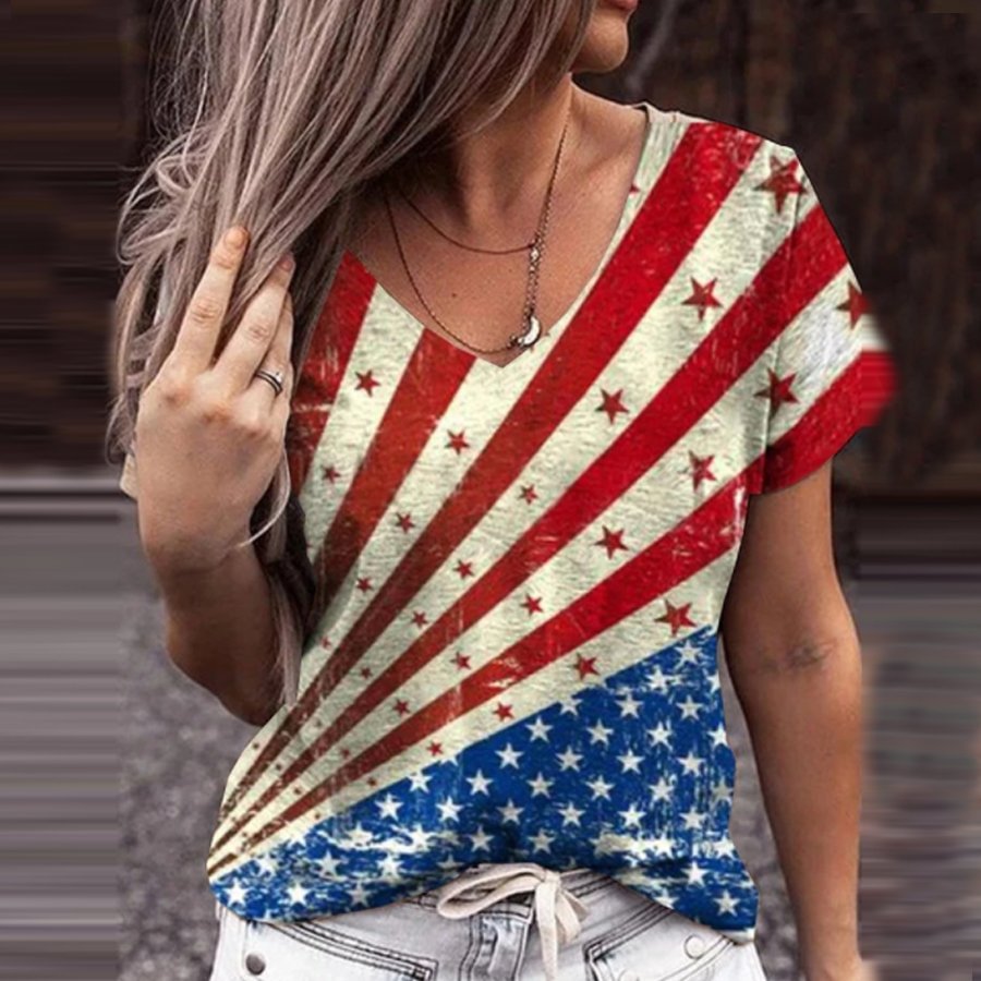 Ladies Independence Day Flag Print Casual T-Shirt