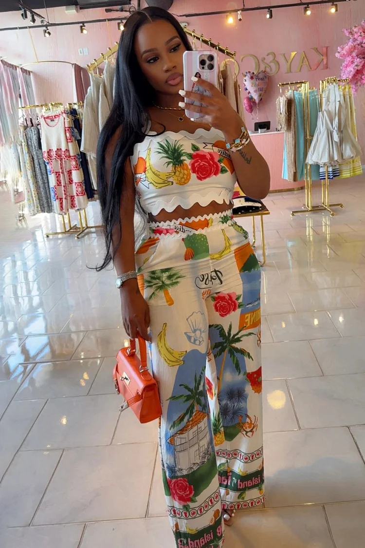 Ric Rac Trim Cami Top Fruit Print Wide Leg Pants 2pcs Set-White
