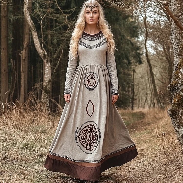 Vintage Viking Celtic Linen Crew Neck Midi Dress