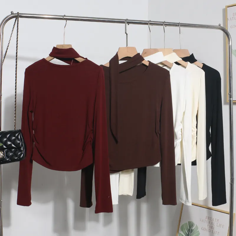 Churchf Ribbon Scarf Hanging Neck Long-Sleeved T-Shirt Girl 2024 Autumn Slim Thin Folded Bottom Shirt 1630