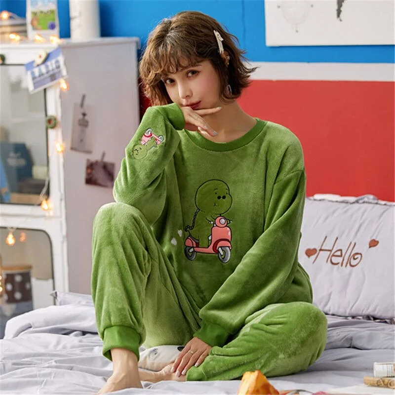 Pajamas Set Flannel Warm Homewear Women Winter Sleepwear  Plush Pyjamas Girls Cartoon Nightgown Pijamas Mujer Home Suits Pjs