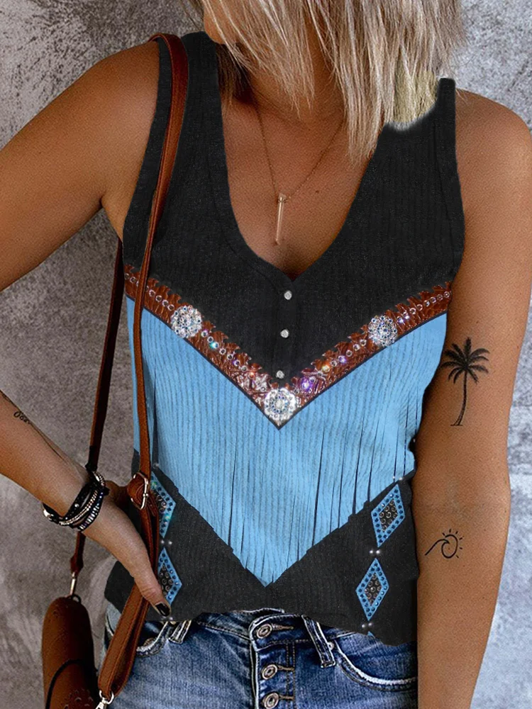 Western Tassels Leather Art Button V Neck Tank Top