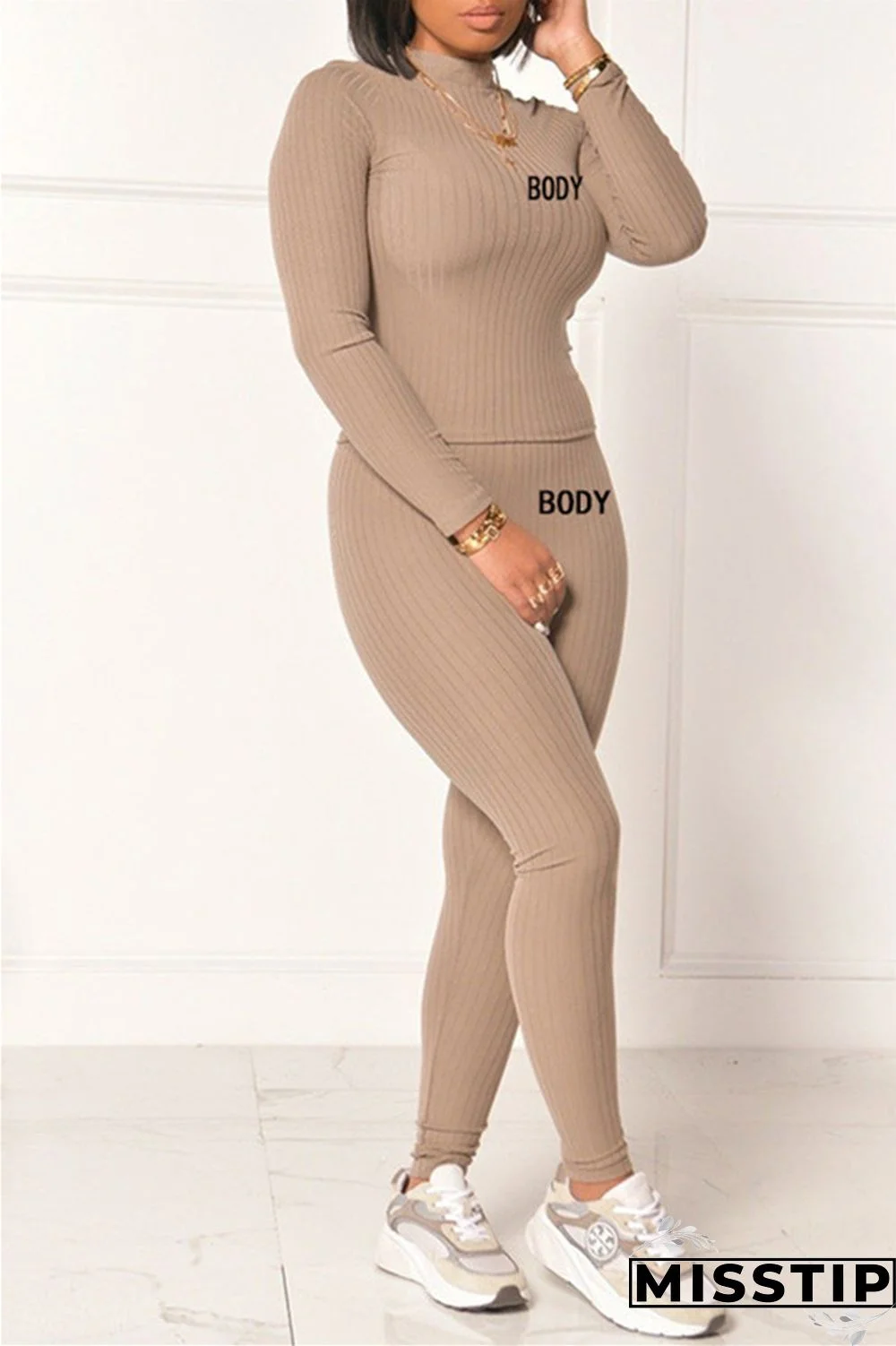 Grey Fashion Casual Letter Print Basic Half A Turtleneck Long Sleeve Two Pieces