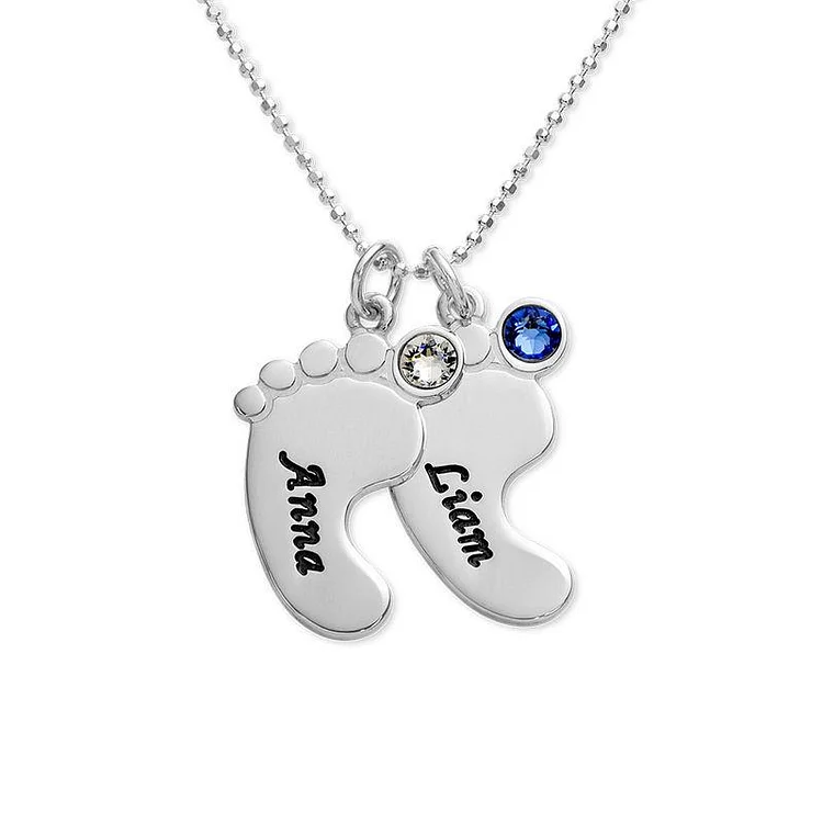 Personalized Baby Feet Pendant Necklace with 2 Birthstones Engraved Childrens Name