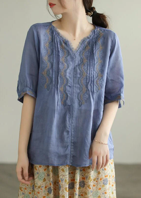 Blue Patchwork Linen T Shirts Embroideried Summer