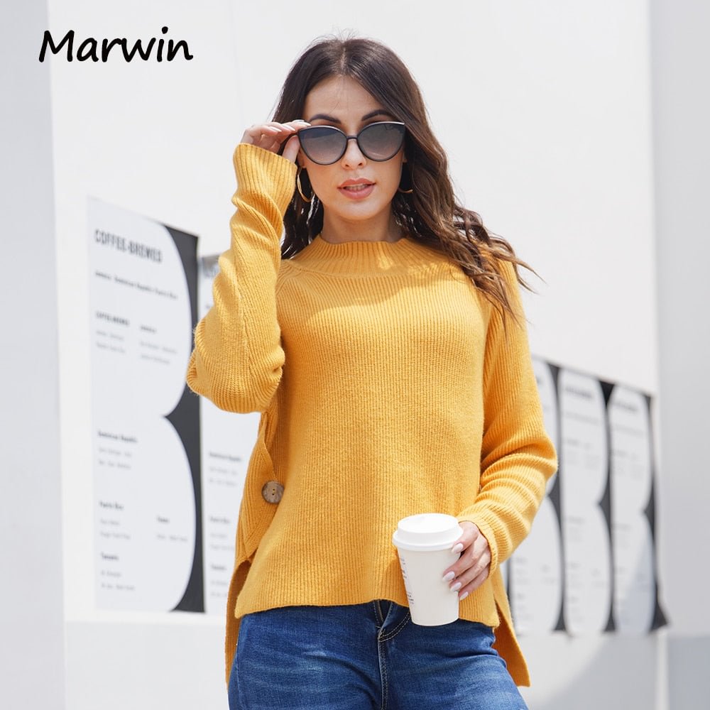 Marwin New Thick Autumn Winter Half High Collar Street Style Solid With Button Batwing Sleeve Women Sweater Female Pullover