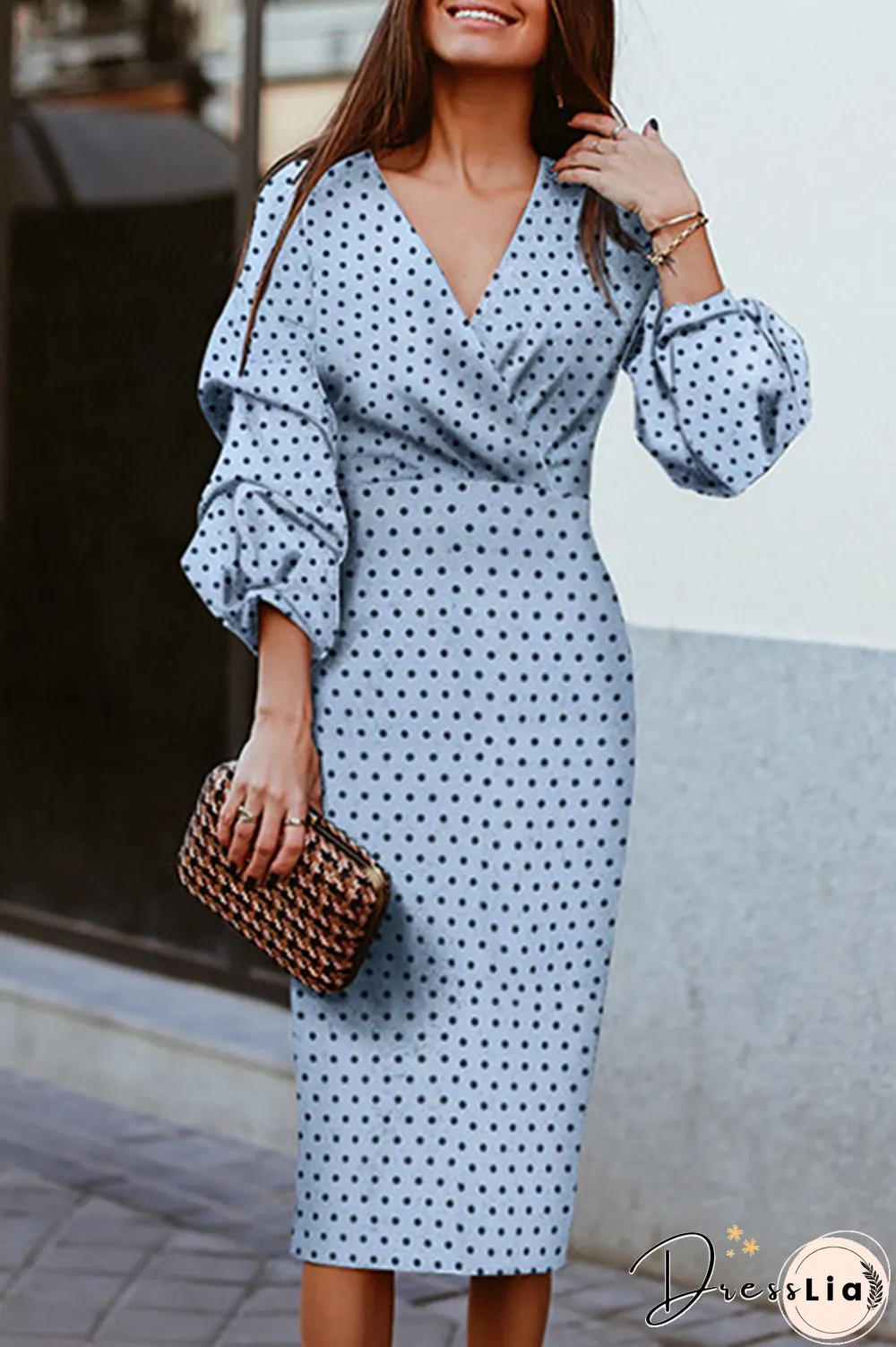 Fashion Elegant Polka Dot Split Joint Fold V Neck Waist Skirt Dresses