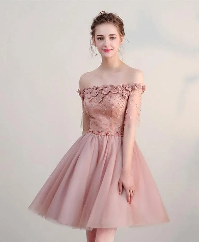 Pink Lace Off Shoulder Short Prom Dress, Pink Homecoming Dress