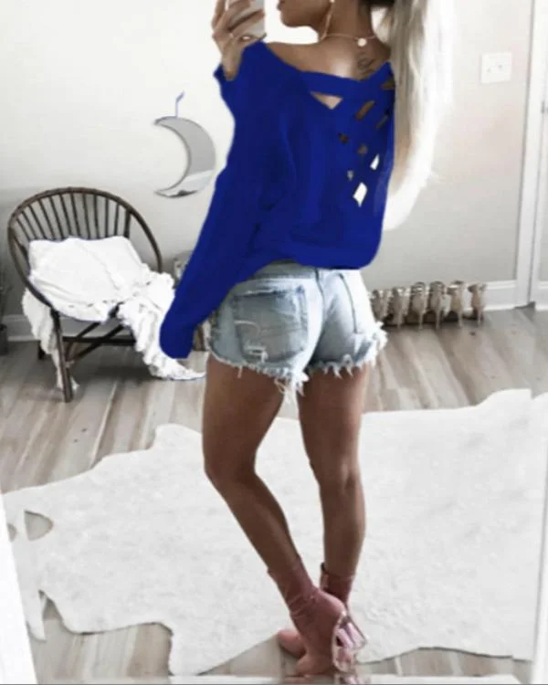 Cutout Round Neck Backless Hollow Details T-shirts Tops