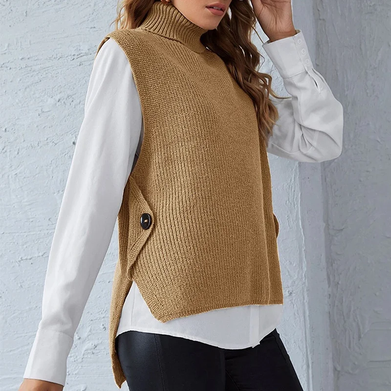 Mongw Mongw Women's Vest Pure Color Knit Turleneck Pullover Sleeveless Sweater Women