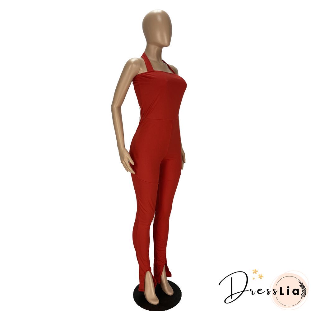 Women Solid Color Sportswear Sleeveless Halter Bodycon Jumpsuits