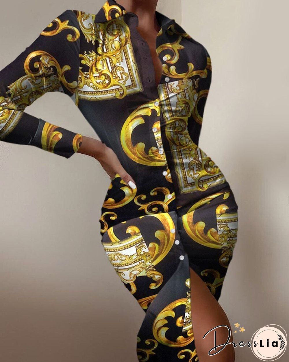 Sexy floral print dress women autumn long sleeve v-neck high waist bandage button slim