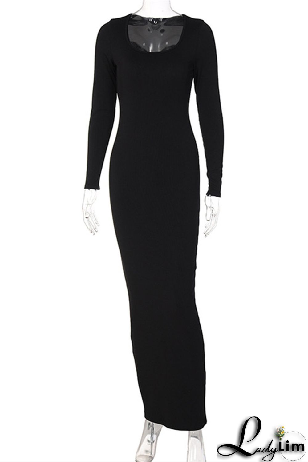 Black Fashion Casual Solid Basic U Neck Long Sleeve Dresses