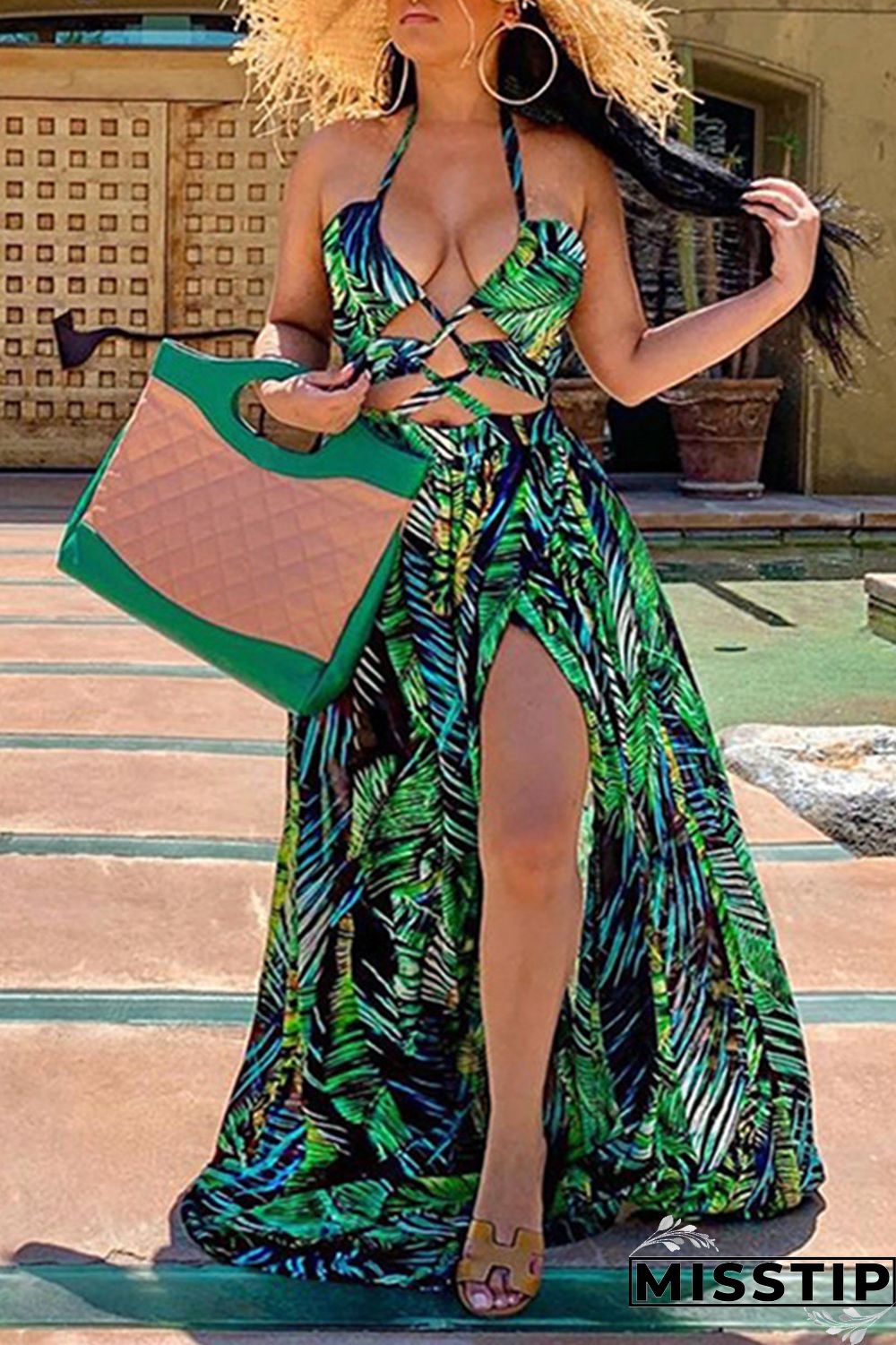 Green Fashion Sexy Print Hollowed Out Backless Halter Sleeveless Dress