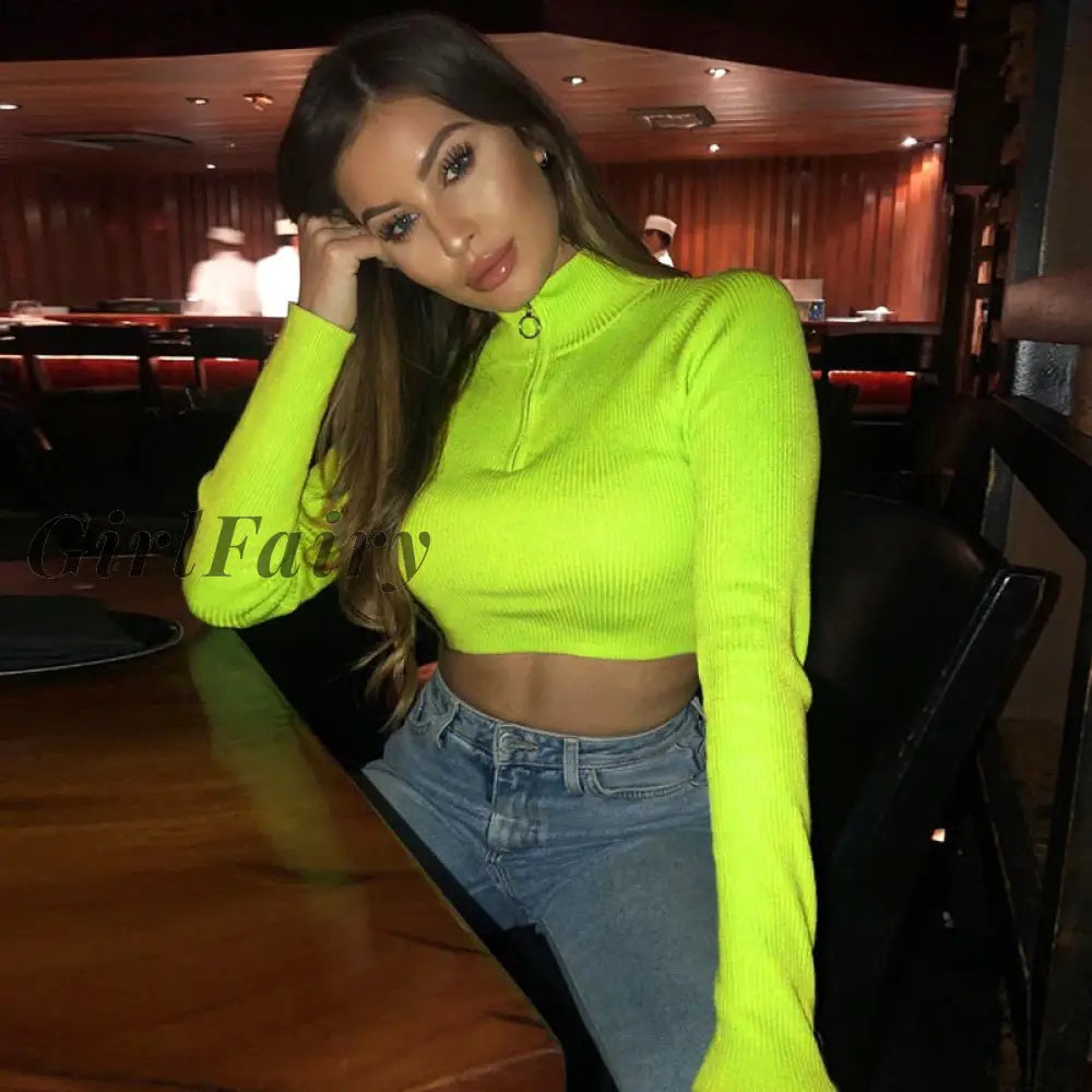 Girlfairy New Women Long Sleeve Zipper Crop Top Fashion Stand Collar Solid Color Ribbed Knitted