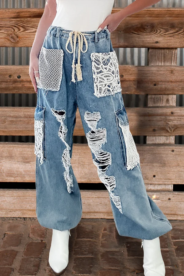 Vintage Washed Hole Patchwork Lace Denim Joggers