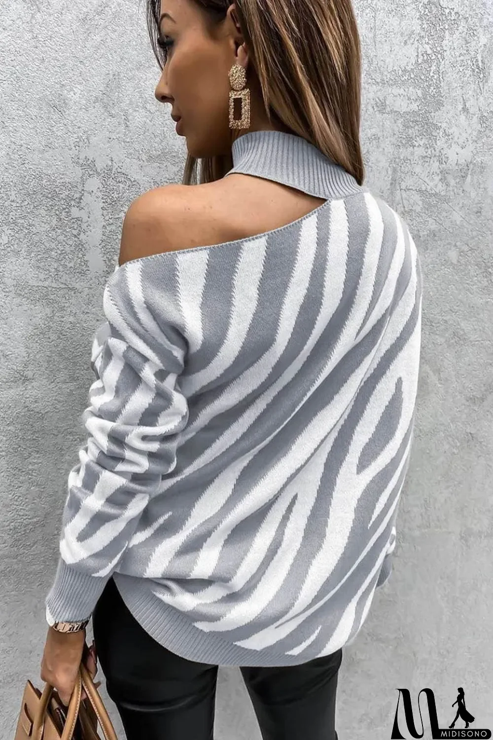 MidiSono - Gray Zebra Print Mock Neck Cold Shoulder Sweater