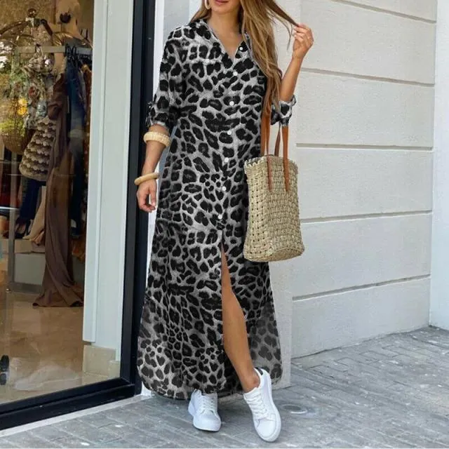 Autumn Long Dress Long Sleeve Shirt Dress Women Denim Long Dresses Pocket Button Shirt Print Dress Casual Loose Dresses 2021
