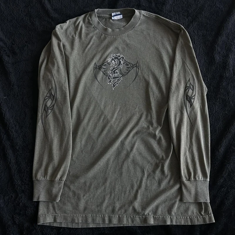 Aonga Punk Style Dark Academia Dragon Print Pullovers Tops Women Men Grunge Baggy T-shirts Vintage Mall Goth Y2K Cyber Loose Fit Tees aonga