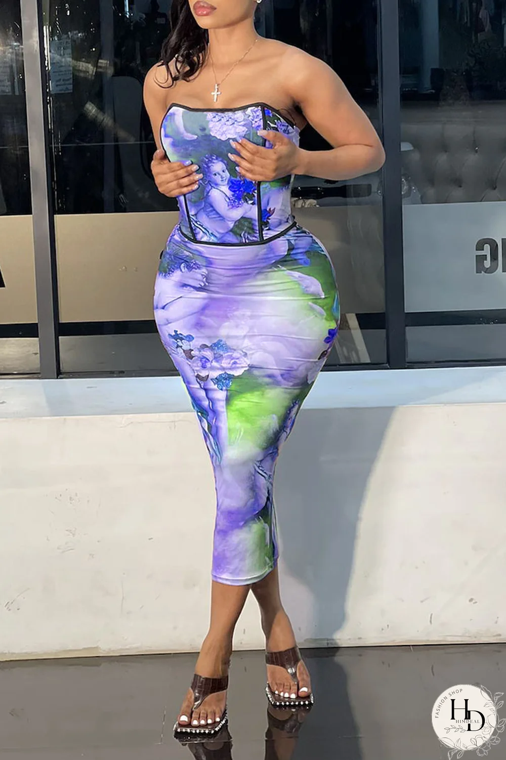 Blue Sexy Print Split Joint Strapless Sleeveless Two Pieces