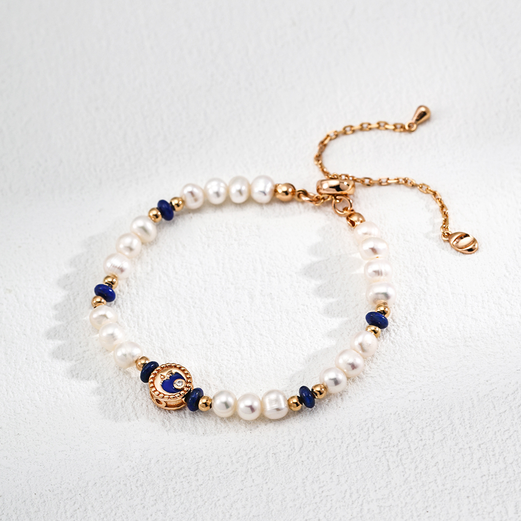 Moon Lapis Lazuli Pearl Gold Plated Beaded Bracelet