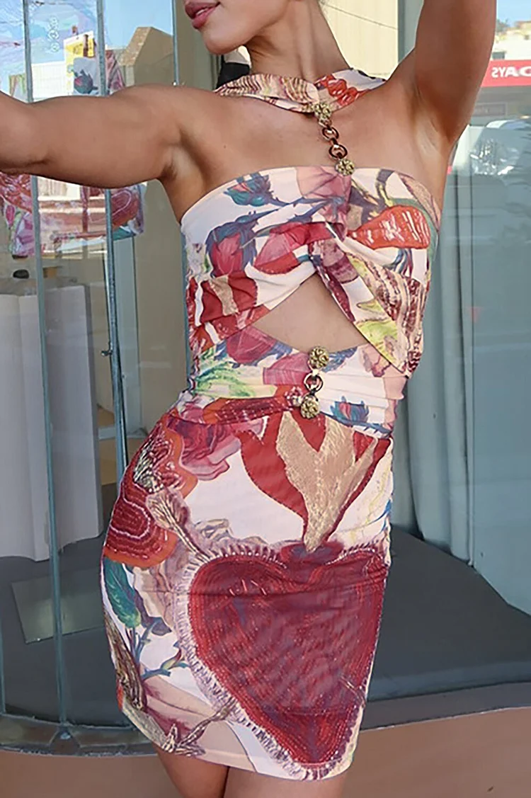 Mixed Print Sleeveless Cutout Bodycon Mini Dresses-Red
