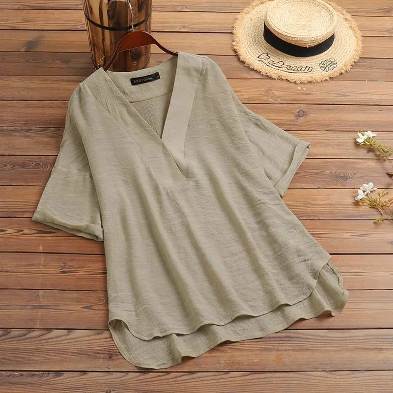 ZANZEA Summer Half Sleeve Blouse Women Casual Elegant V Neck Solid Shirt Loose Irregular Hem Tops  Tunic Office Chemise