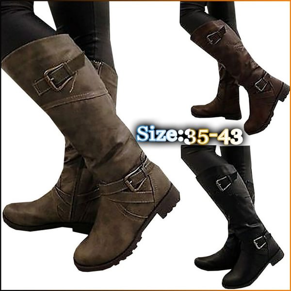 Winter Fashion Women Wide Calf Low Heel Belt Buckle Riding Leather Boots Plus Size Knee High Boots Size:35-43 - Shop Trendy Women's Clothing | LoverChic