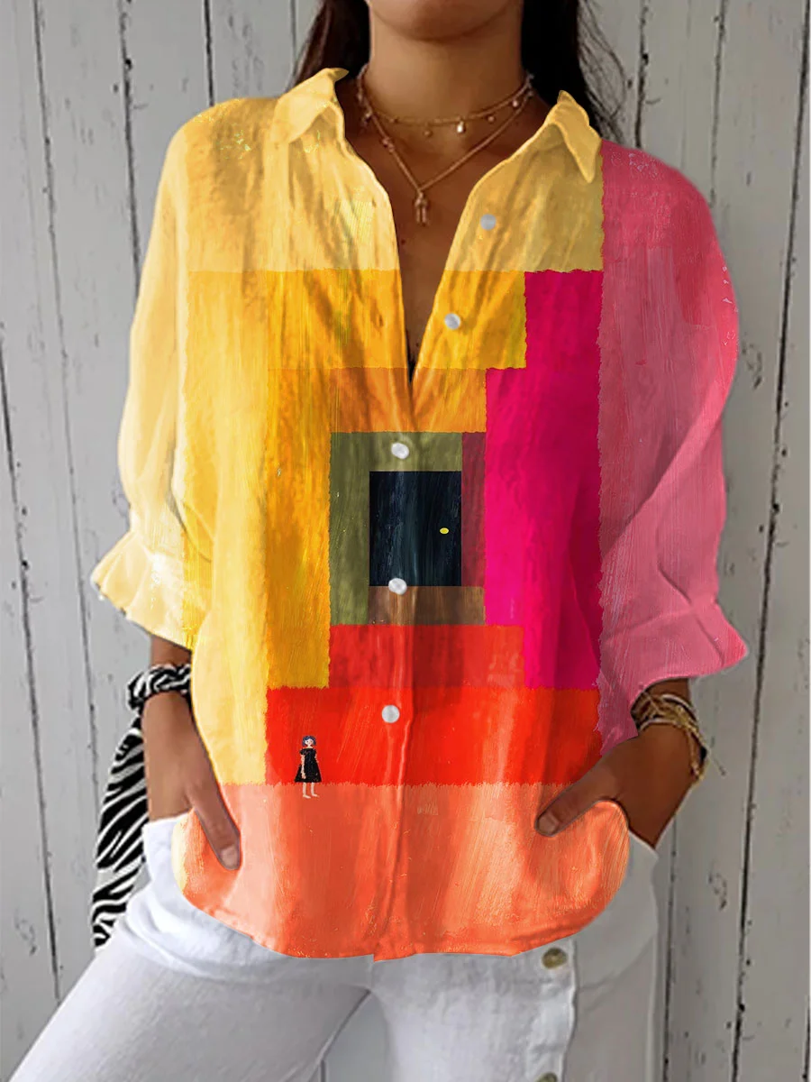 Women's Colorful Abstract Geometric Color Block Art Print Casual Linen V-neck Shirt