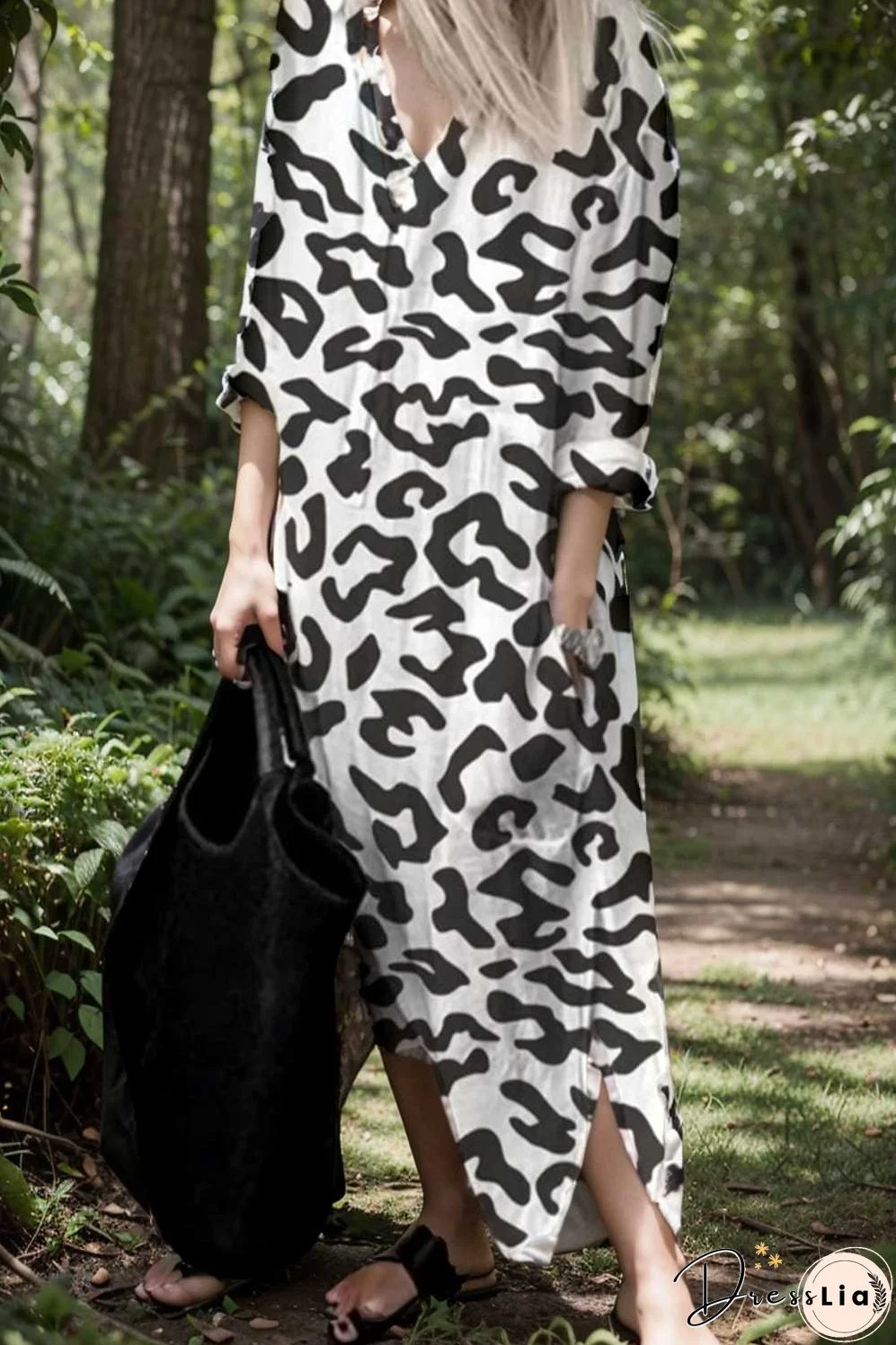 leopard print v neck split long sleeve dress