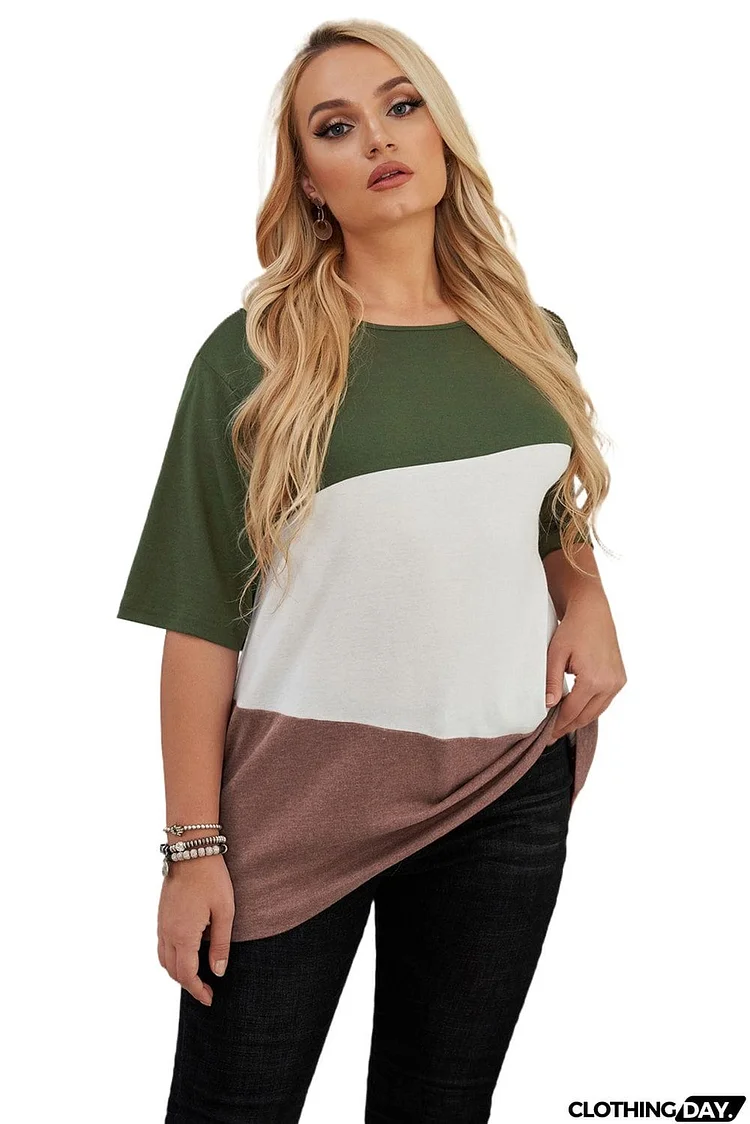 Plus Size Crew Neck Colorblock Tee