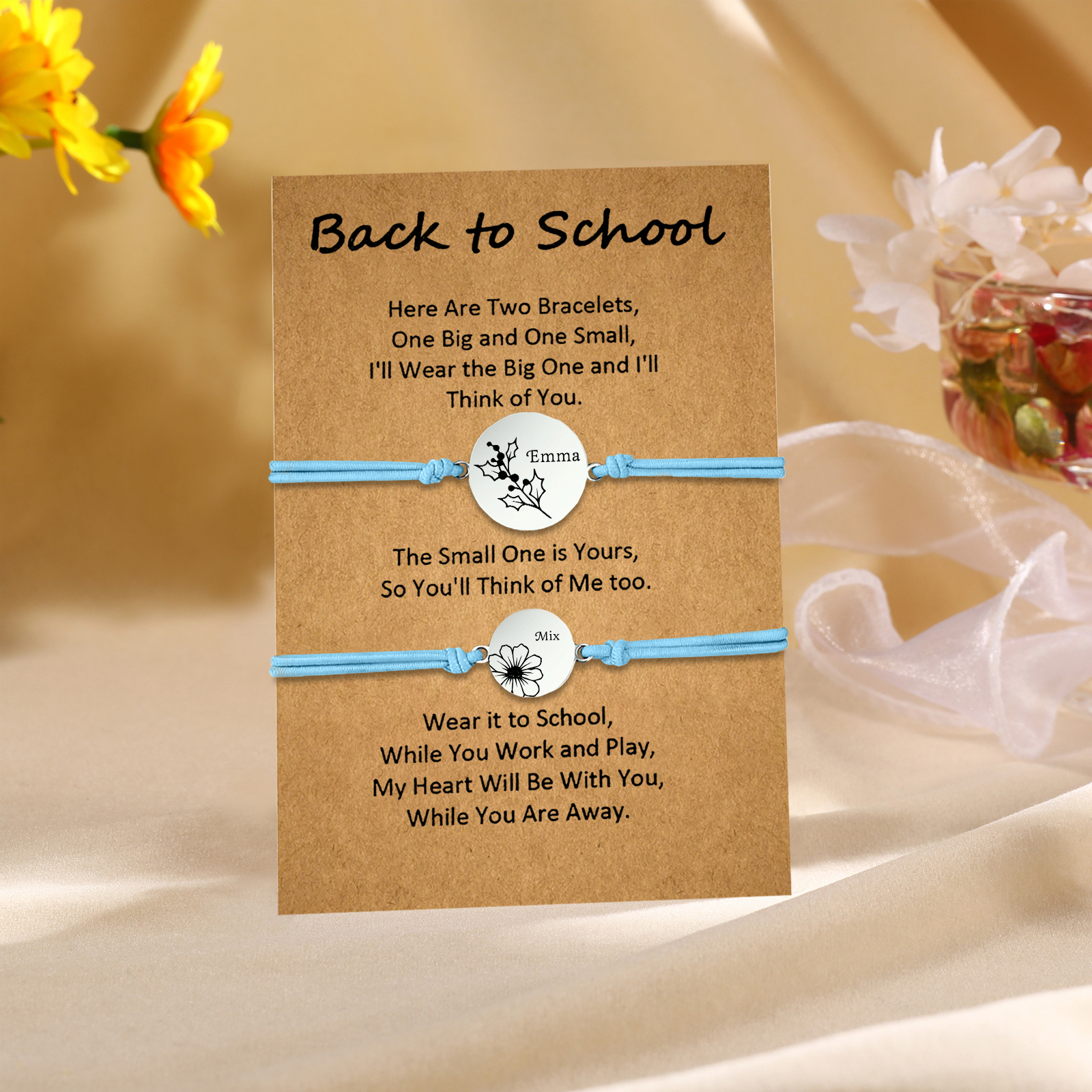 2 Pcs Bracelet Set Personalised Names & Birth Flowers Adjustable Bracelets with Message Card Back to School Gifts for Daughters-Jessemade AU