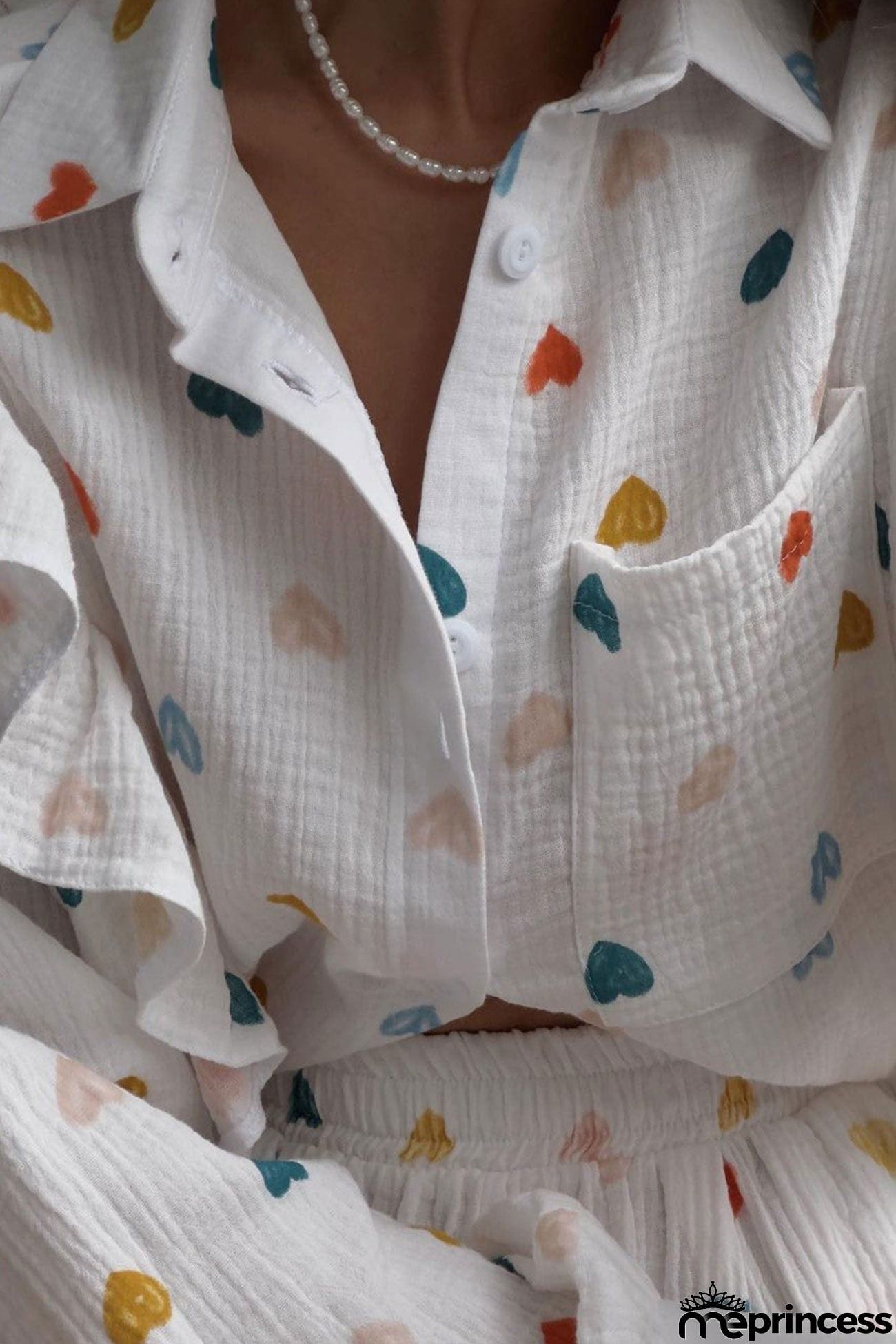 Heart Print Ruffle Long Sleeve Shirt Two Piece Shorts Set