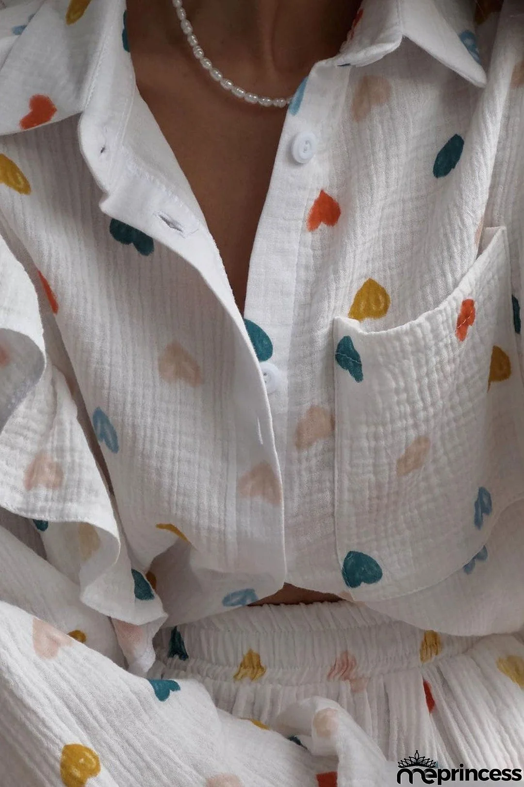 Heart Print Ruffle Long Sleeve Shirt Two Piece Shorts Set