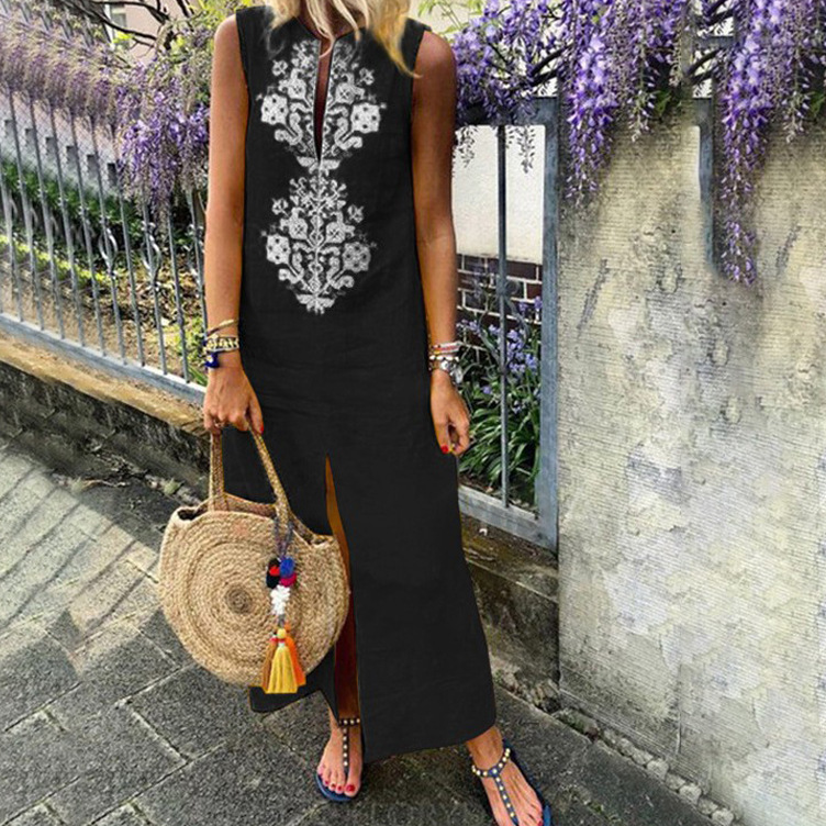 Older Women Summer V-neck Loose Front Slit Sleeveless Cotton And Linen Dress