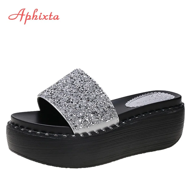 Aphixta Platform Rhinestone Sandals Slippers Women Gemstone Slides Women Shoes Wedge Slippers String Bead Beach Slides Shoes