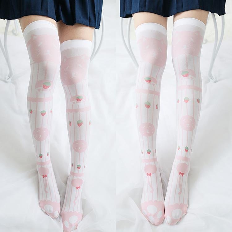 Pastel Straberry Kitty Long Socks S12989