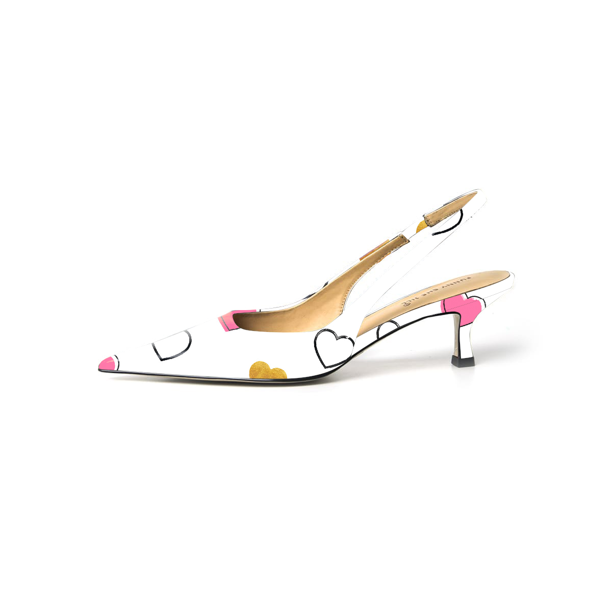 White Patent Leather Pointed Toe Kitten Heel with Heart Pattern Nicepairs