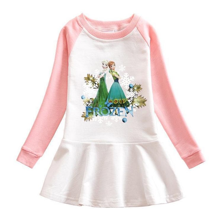 Frozen Elsa Anna Print Girls Long Sleeve Frill Cotton Sweatshirt Dress-Mayoulove