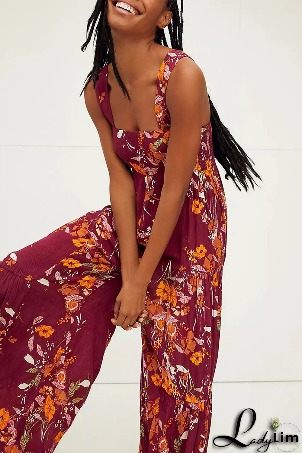 Burgundy Casual Print Split Joint Straight Jumpsuits
