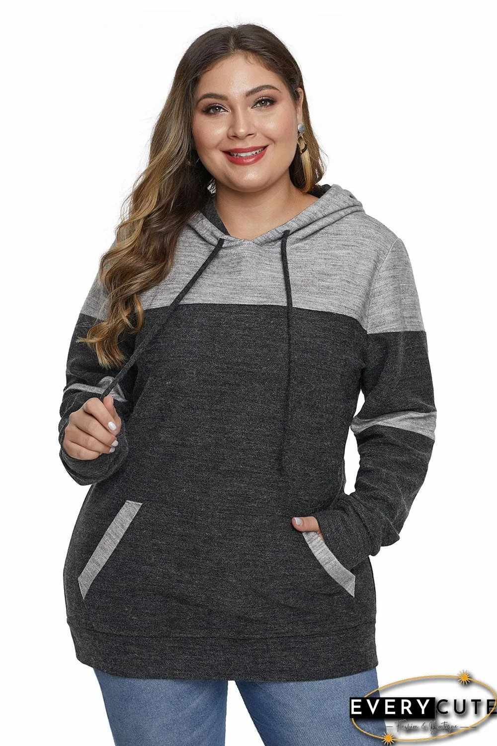 Black Color Block Pullover Plus Size Hoodie with Pocket