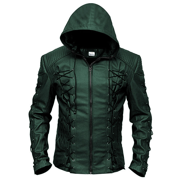 Arrow Hooded Biker Leather Jacket