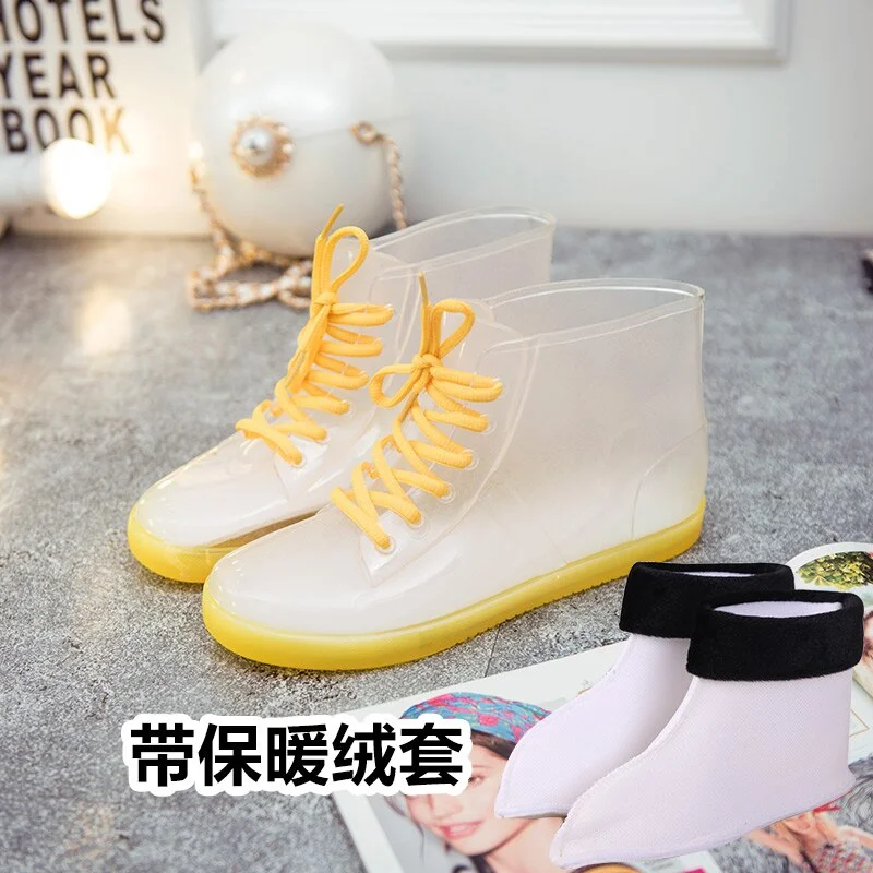Jelly Transparent Anti-Slip Fashion Waterproof Shoes Rainshoes Rain Boots Shoe Cover Woolen Cotton Rubber Boots Female Short