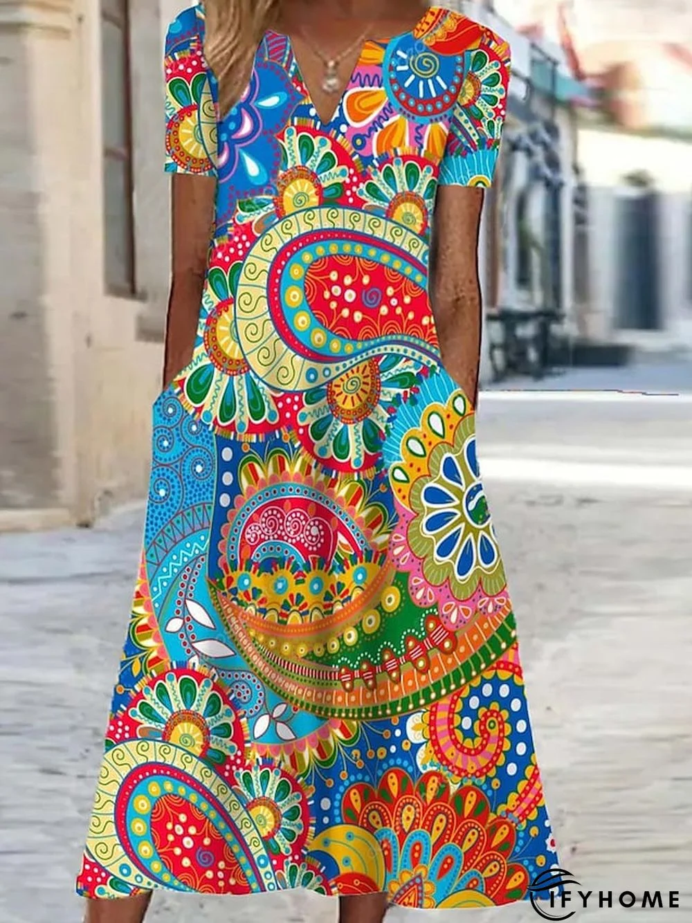 Women's Casual Dress Ethnic Dress Shift Dress Floral Paisley Pocket Print V Neck Midi Dress Vintage Ethnic Outdoor Vacation Short Sleeve Regular Fit Yellow Blue Purple Spring Summer S M L XL XXL | IFYHOME