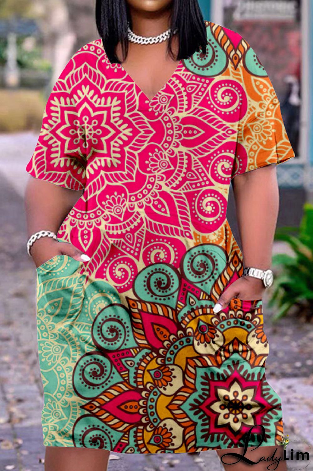 Colour Fashion Casual Print Basic V Neck Short Sleeve Dress