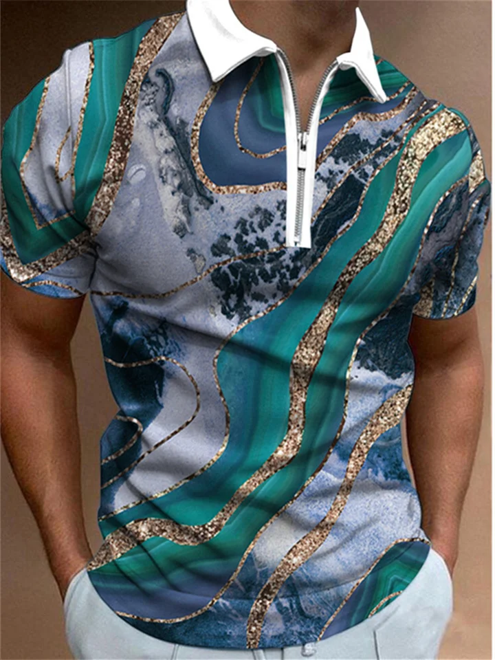 Men's Summer Polo Shirt Blue Zipper Lapel Top-Mixcun