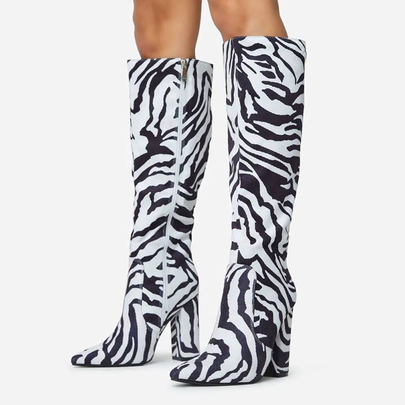 Women's Pointed Zebra Shoes Classic Chunky Heels Knee Zipper Boots Nicepairs