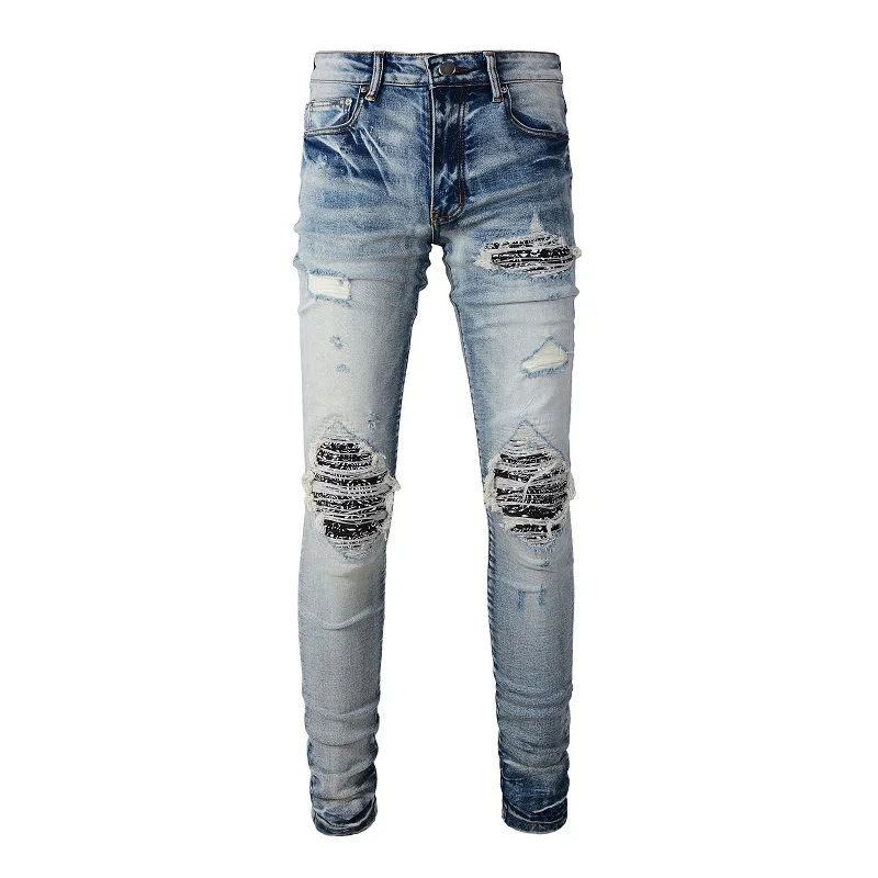 Men's Biker Jeans Pleated Paisley Print Ripped Skinny Pants Light Blue Hip Hop Boys Jeans