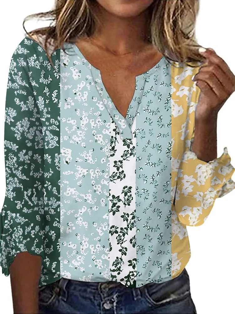 Women's 2024 Boho Floral T-Shirts V-Neck French Style Sleeve Tee